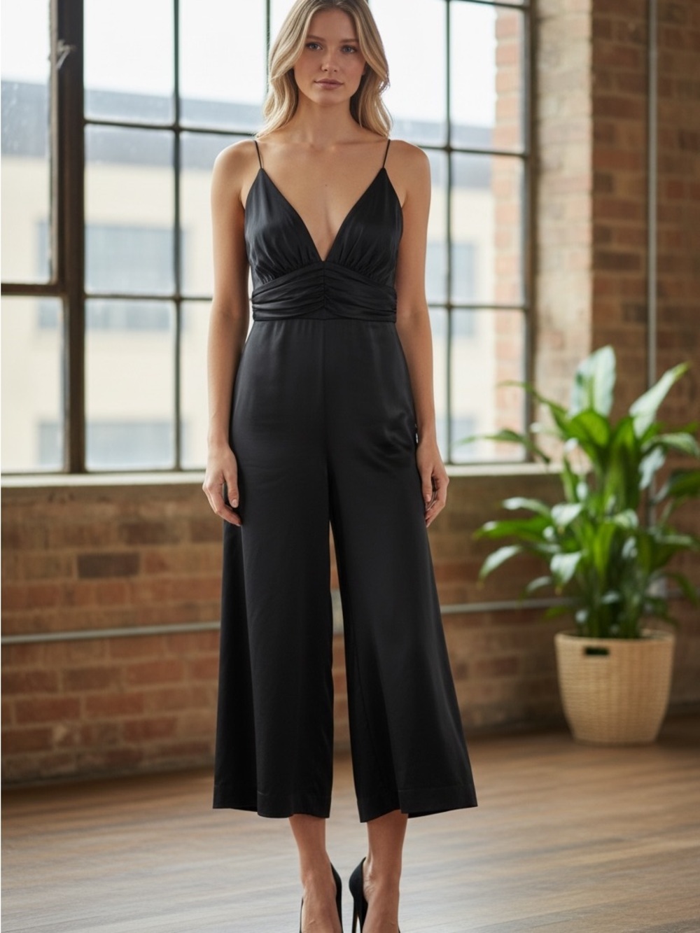 One Teaspoon Black Thin Strap Jumpsuit M Cropped Wide Leg Flowy Party Whimsigoth